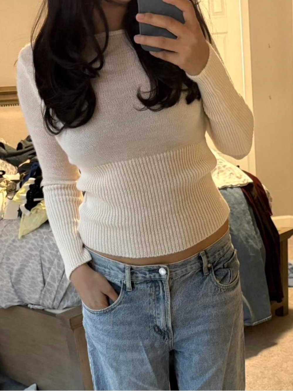 Urban Outfitters Cream Ribbed Long-Sleeve Sweater